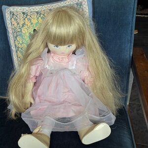 Collectible Adorable Pink and Cream Doll with Long Blonde Hair Old Fashioned